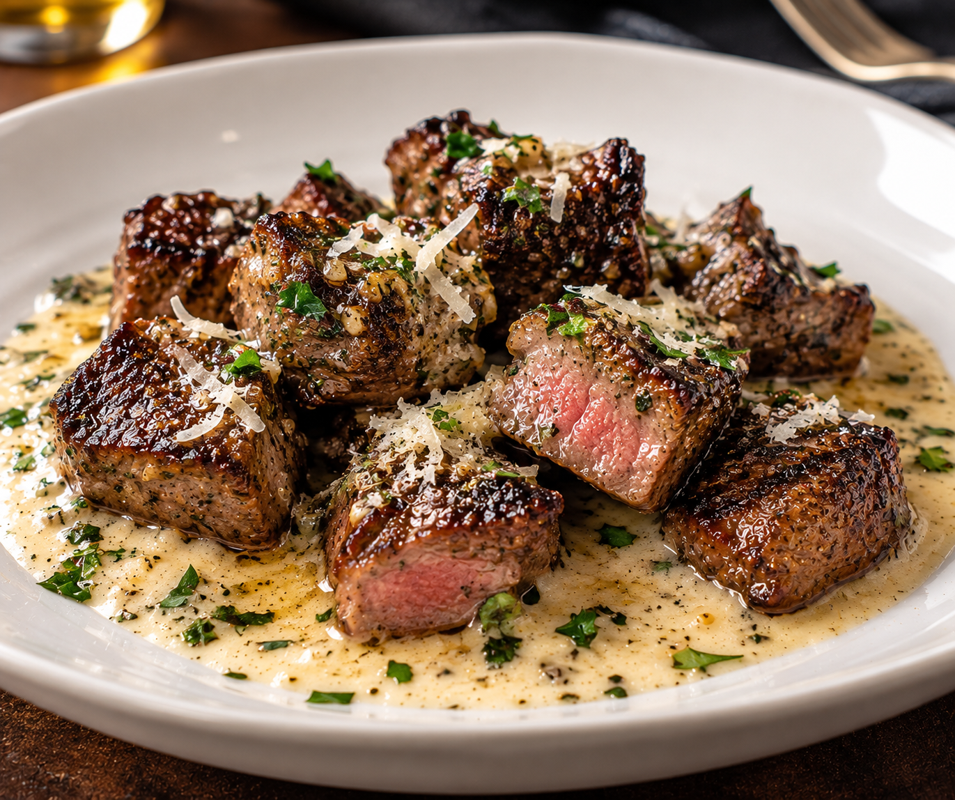 Garlic Butter Steak Bites with Creamy Parmesan Sauce